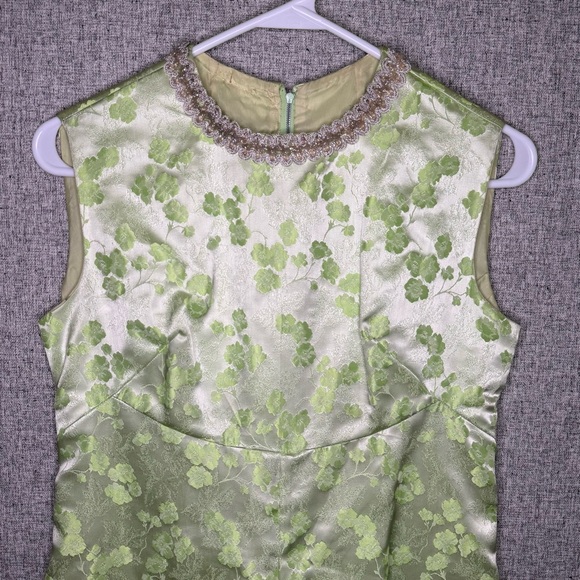 Vintage Retro 50s 60s Green Satin Tailored Floral Sleeveless Maxi Dress XS/S - Picture 1 of 9